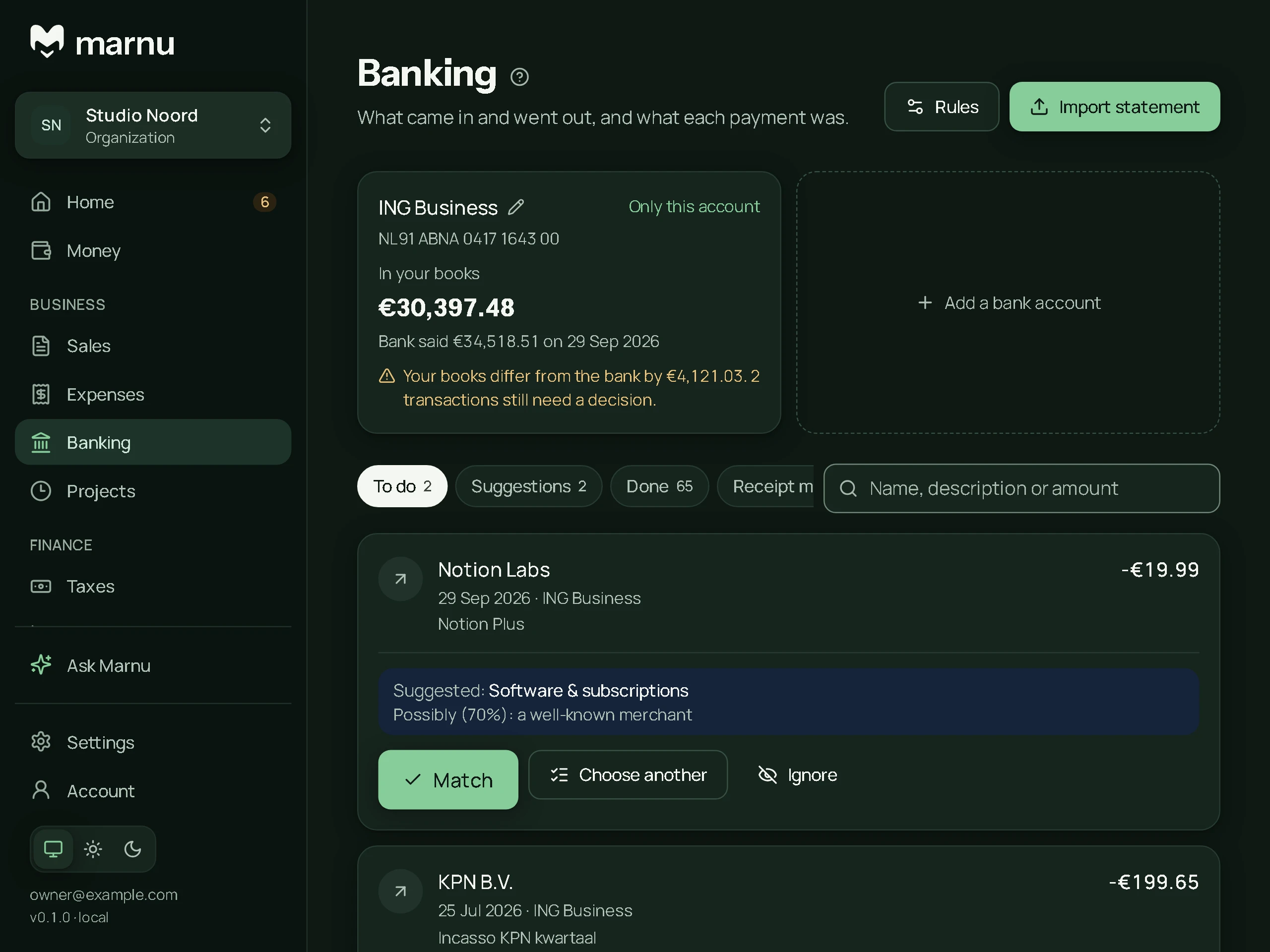 Marnu’s banking page for a demo business: €30,397.48 in the books, and two bank movements still waiting for a decision.