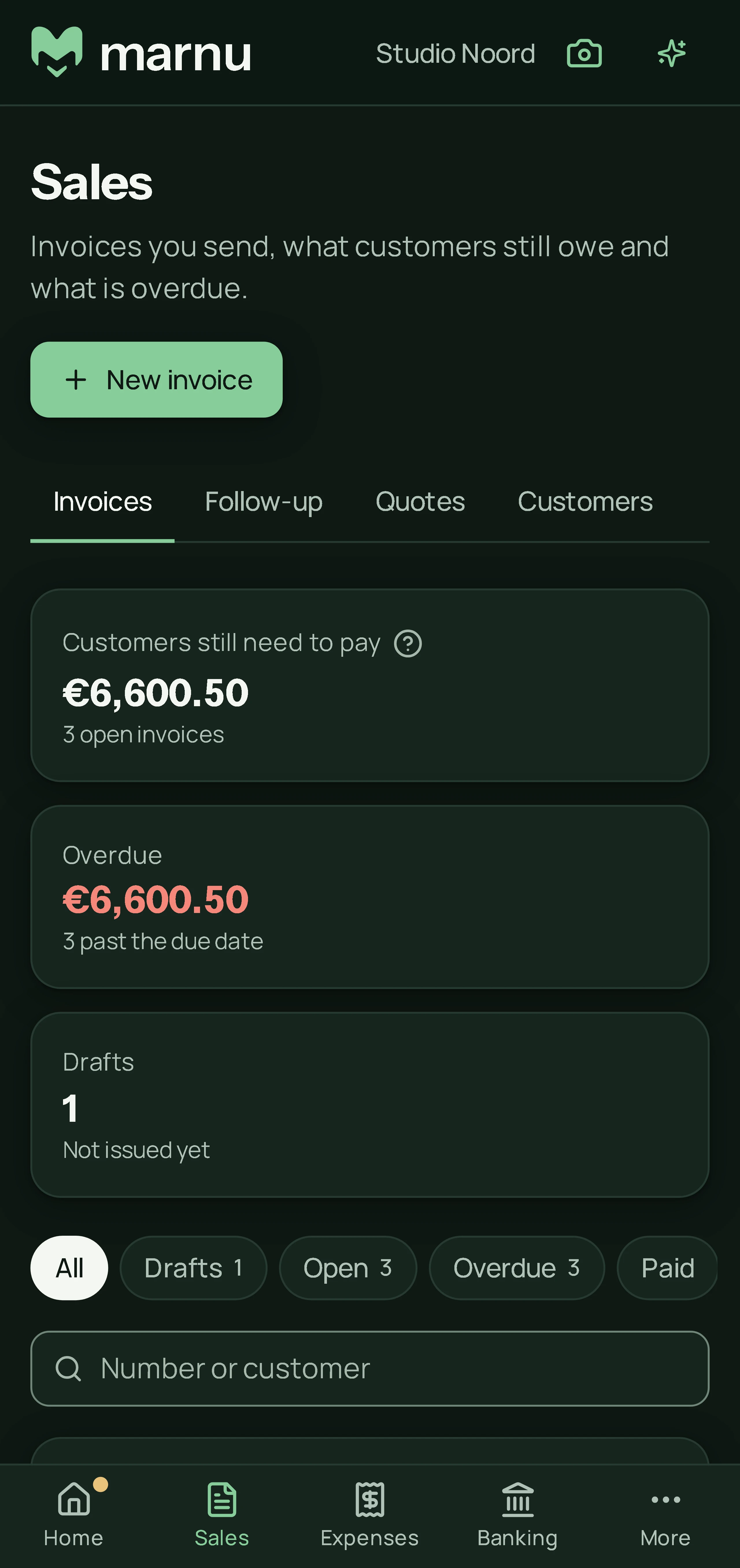 The Sales page on a phone: €6,600.50 still to receive from three open invoices, all of it overdue, and one draft not issued yet.