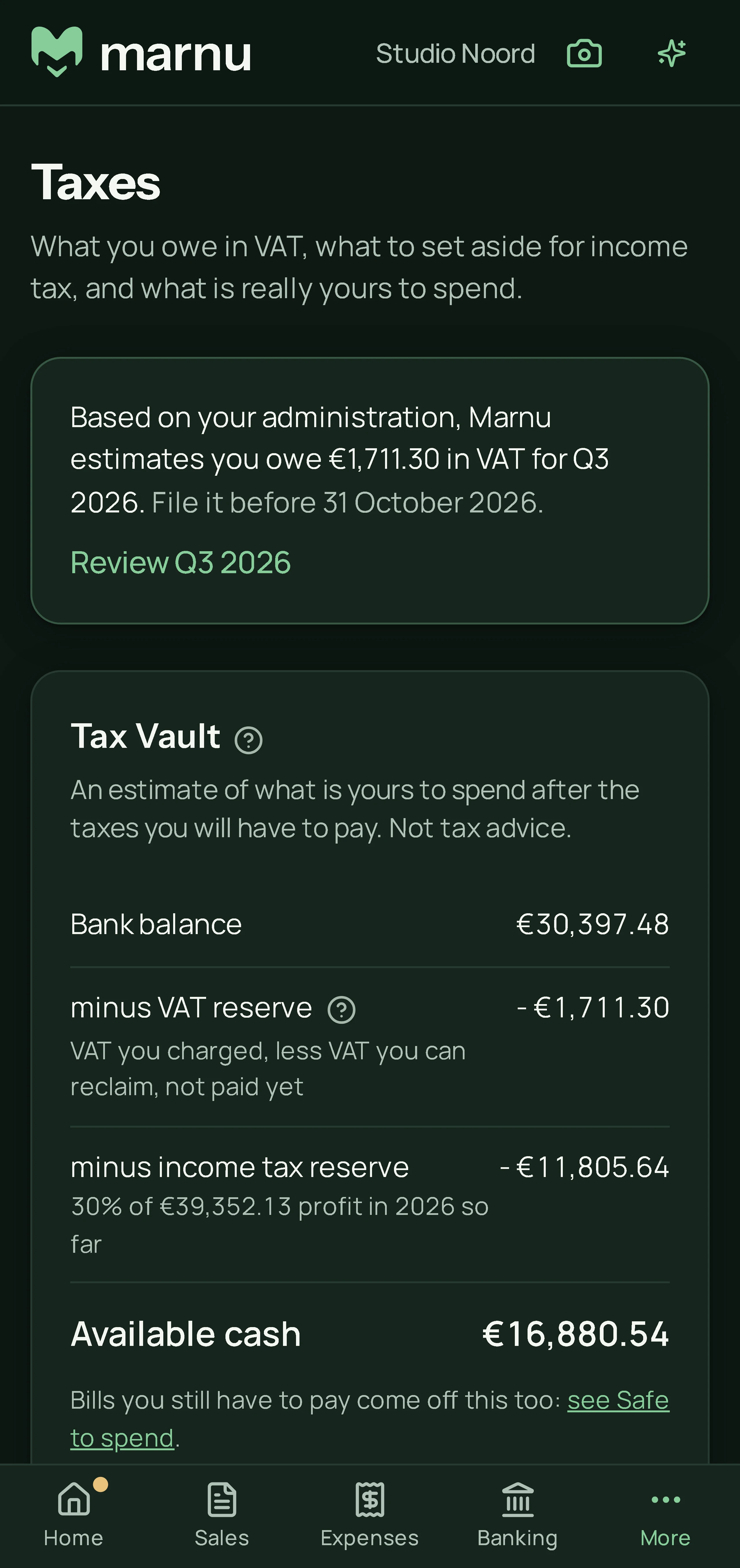 The Taxes page on a phone: €1,711.30 in VAT estimated for the third quarter, and a Tax Vault that takes VAT and income tax off the bank balance, leaving €16,880.54.