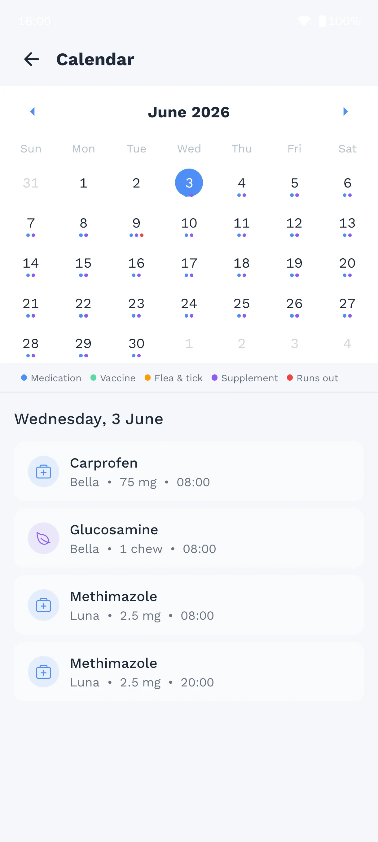 The calendar for June, with the doses planned for the selected day listed below it.